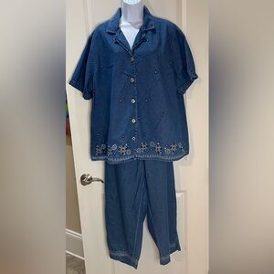 Dressbarn Blue Denim Top and Pants Set 100% Cotton Embroidered & Studded Sz 20W